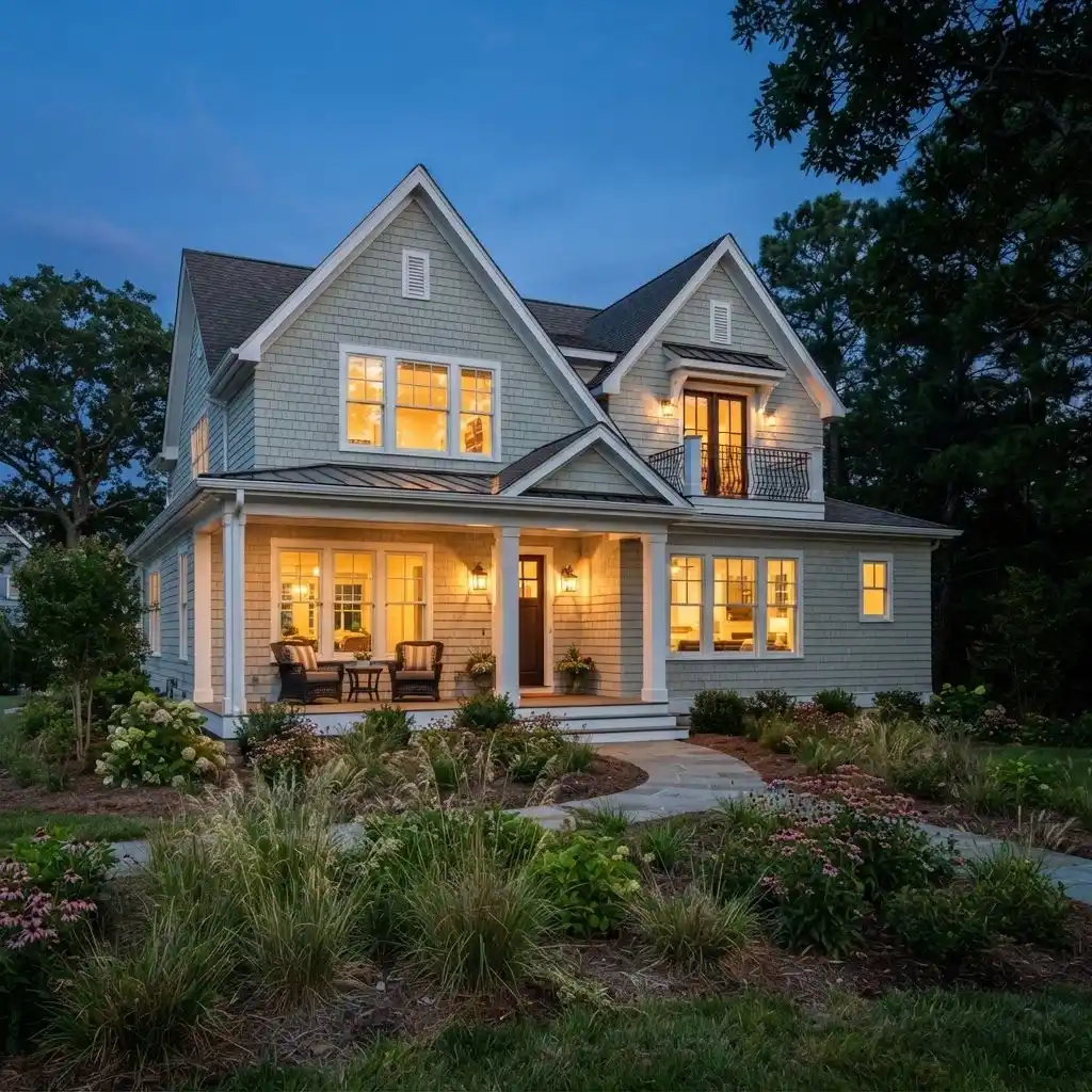 Illustrative coastal-style home with a warmly lit front porch at dusk